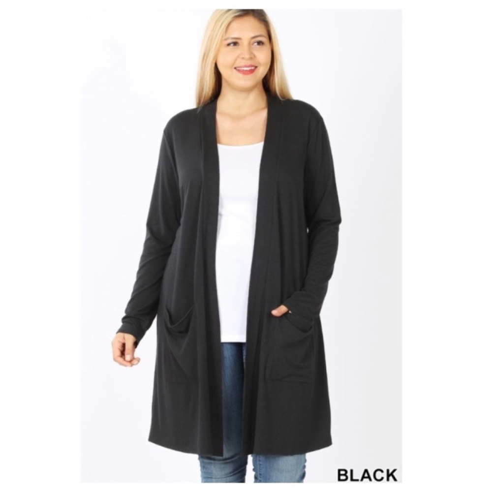 Plus size long cardigan with open pockets
